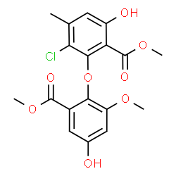 ChemSpider 2D Image | Methyl 3-chloro-6-hydroxy-2-[4-hydroxy-2-methoxy-6-(methoxycarbonyl)phenoxy]-4-methylbenzoate | C18H17ClO8