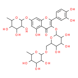 ChemSpider 2D Image | 3-{[6-O-(6-Deoxyhexopyranosyl)hexopyranosyl]oxy}-2-(3,4-dihydroxyphenyl)-5-hydroxy-4-oxo-4H-chromen-7-yl 6-deoxyhexopyranoside | C33H40O20