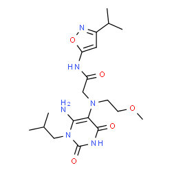 ChemSpider 2D Image | N~2~-(6-Amino-1-isobutyl-2,4-dioxo-1,2,3,4-tetrahydro-5-pyrimidinyl)-N-(3-isopropyl-1,2-oxazol-5-yl)-N~2~-(2-methoxyethyl)glycinamide | C19H30N6O5