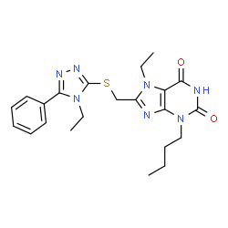 ChemSpider 2D Image | 3-Butyl-7-ethyl-8-{[(4-ethyl-5-phenyl-4H-1,2,4-triazol-3-yl)sulfanyl]methyl}-3,7-dihydro-1H-purine-2,6-dione | C22H27N7O2S