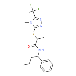 ChemSpider 2D Image | 2-{[4-Methyl-5-(trifluoromethyl)-4H-1,2,4-triazol-3-yl]sulfanyl}-N-(1-phenylbutyl)propanamide | C17H21F3N4OS