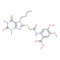 ChemSpider 2D Image | Methyl 2-({[(7-butyl-1,3-dimethyl-2,6-dioxo-2,3,6,7-tetrahydro-1H-purin-8-yl)sulfanyl]acetyl}amino)-4,5-dimethoxybenzoate | C23H29N5O7S