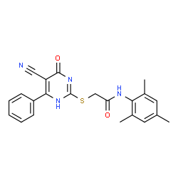 ChemSpider 2D Image | 2-[(5-Cyano-4-oxo-6-phenyl-1,4-dihydro-2-pyrimidinyl)sulfanyl]-N-mesitylacetamide | C22H20N4O2S