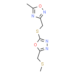 ChemSpider 2D Image | 5-Methyl-3-[({5-[(methylsulfanyl)methyl]-1,3,4-oxadiazol-2-yl}sulfanyl)methyl]-1,2,4-oxadiazole | C8H10N4O2S2