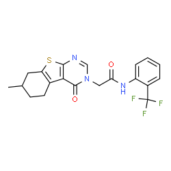 ChemSpider 2D Image | 2-(7-Methyl-4-oxo-5,6,7,8-tetrahydro[1]benzothieno[2,3-d]pyrimidin-3(4H)-yl)-N-[2-(trifluoromethyl)phenyl]acetamide | C20H18F3N3O2S