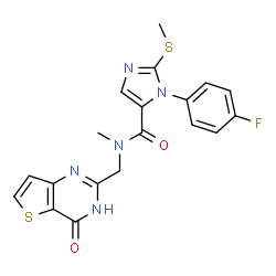 ChemSpider 2D Image | 1-(4-Fluorophenyl)-N-methyl-2-(methylsulfanyl)-N-[(4-oxo-1,4-dihydrothieno[3,2-d]pyrimidin-2-yl)methyl]-1H-imidazole-5-carboxamide | C19H16FN5O2S2