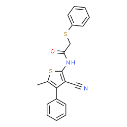 ChemSpider 2D Image | N-(3-Cyano-5-methyl-4-phenyl-2-thienyl)-2-(phenylsulfanyl)acetamide | C20H16N2OS2