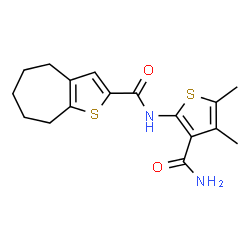 ChemSpider 2D Image | N-(3-Carbamoyl-4,5-dimethyl-2-thienyl)-5,6,7,8-tetrahydro-4H-cyclohepta[b]thiophene-2-carboxamide | C17H20N2O2S2