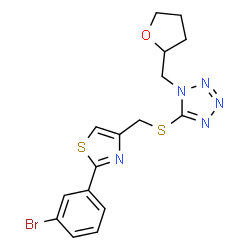 ChemSpider 2D Image | 5-({[2-(3-Bromophenyl)-1,3-thiazol-4-yl]methyl}sulfanyl)-1-(tetrahydro-2-furanylmethyl)-1H-tetrazole | C16H16BrN5OS2