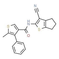 ChemSpider 2D Image | N-(3-Cyano-5,6-dihydro-4H-cyclopenta[b]thiophen-2-yl)-5-methyl-4-phenyl-3-thiophenecarboxamide | C20H16N2OS2