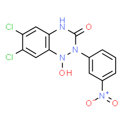 ChemSpider 2D Image | 6,7-Dichloro-1-hydroxy-2-(3-nitrophenyl)-1,4-dihydro-1,2,4-benzotriazin-3(2H)-one | C13H8Cl2N4O4