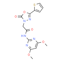ChemSpider 2D Image | N-(4,6-Dimethoxy-2-pyrimidinyl)-2-[2-oxo-5-(2-thienyl)-1,3,4-oxadiazol-3(2H)-yl]acetamide | C14H13N5O5S