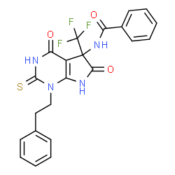 ChemSpider 2D Image | N-[4,6-Dioxo-1-(2-phenylethyl)-2-thioxo-5-(trifluoromethyl)-2,3,4,5,6,7-hexahydro-1H-pyrrolo[2,3-d]pyrimidin-5-yl]benzamide | C22H17F3N4O3S