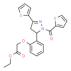 ChemSpider 2D Image | Ethyl {2-[3-(2-thienyl)-1-(2-thienylcarbonyl)-4,5-dihydro-1H-pyrazol-5-yl]phenoxy}acetate | C22H20N2O4S2