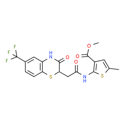 ChemSpider 2D Image | Methyl 5-methyl-2-({[3-oxo-6-(trifluoromethyl)-3,4-dihydro-2H-1,4-benzothiazin-2-yl]acetyl}amino)-3-thiophenecarboxylate | C18H15F3N2O4S2