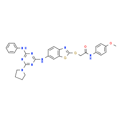 ChemSpider 2D Image | 2-[(6-{[4-Anilino-6-(1-pyrrolidinyl)-1,3,5-triazin-2-yl]amino}-1,3-benzothiazol-2-yl)sulfanyl]-N-(4-methoxyphenyl)acetamide | C29H28N8O2S2