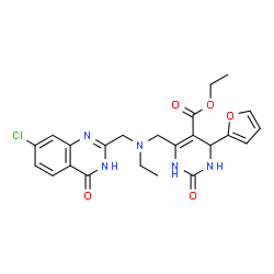 ChemSpider 2D Image | Ethyl 6-({[(7-chloro-4-oxo-1,4-dihydro-2-quinazolinyl)methyl](ethyl)amino}methyl)-4-(2-furyl)-2-oxo-1,2,3,4-tetrahydro-5-pyrimidinecarboxylate | C23H24ClN5O5