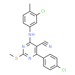 ChemSpider 2D Image | 4-[(3-Chloro-4-methylphenyl)amino]-6-(4-chlorophenyl)-2-(methylsulfanyl)-5-pyrimidinecarbonitrile | C19H14Cl2N4S
