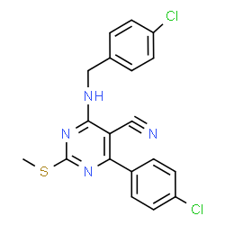 ChemSpider 2D Image | 4-[(4-Chlorobenzyl)amino]-6-(4-chlorophenyl)-2-(methylsulfanyl)-5-pyrimidinecarbonitrile | C19H14Cl2N4S