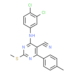 ChemSpider 2D Image | 4-[(3,4-Dichlorophenyl)amino]-6-(4-methylphenyl)-2-(methylsulfanyl)-5-pyrimidinecarbonitrile | C19H14Cl2N4S