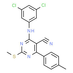 ChemSpider 2D Image | 4-[(3,5-Dichlorophenyl)amino]-6-(4-methylphenyl)-2-(methylsulfanyl)-5-pyrimidinecarbonitrile | C19H14Cl2N4S