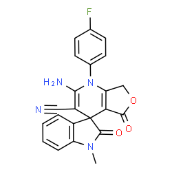 ChemSpider 2D Image | 2-Amino-1-(4-fluorophenyl)-1'-methyl-2',5-dioxo-1',2',5,7-tetrahydro-1H-spiro[furo[3,4-b]pyridine-4,3'-indole]-3-carbonitrile | C22H15FN4O3