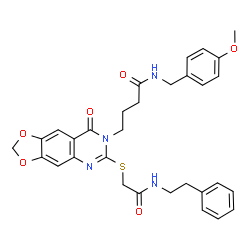 ChemSpider 2D Image | N-(4-Methoxybenzyl)-4-[8-oxo-6-({2-oxo-2-[(2-phenylethyl)amino]ethyl}sulfanyl)[1,3]dioxolo[4,5-g]quinazolin-7(8H)-yl]butanamide | C31H32N4O6S