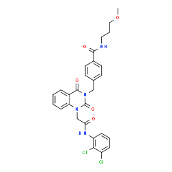 ChemSpider 2D Image | 4-{[1-{2-[(2,3-Dichlorophenyl)amino]-2-oxoethyl}-2,4-dioxo-1,4-dihydro-3(2H)-quinazolinyl]methyl}-N-(3-methoxypropyl)benzamide | C28H26Cl2N4O5