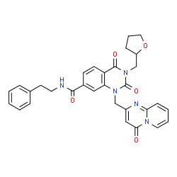 ChemSpider 2D Image | 2,4-Dioxo-1-[(4-oxo-4H-pyrido[1,2-a]pyrimidin-2-yl)methyl]-N-(2-phenylethyl)-3-(tetrahydro-2-furanylmethyl)-1,2,3,4-tetrahydro-7-quinazolinecarboxamide | C31H29N5O5