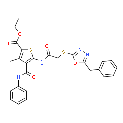 ChemSpider 2D Image | Ethyl 5-({[(5-benzyl-1,3,4-oxadiazol-2-yl)sulfanyl]acetyl}amino)-3-methyl-4-(phenylcarbamoyl)-2-thiophenecarboxylate | C26H24N4O5S2