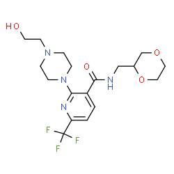 ChemSpider 2D Image | N-(1,4-Dioxan-2-ylmethyl)-2-[4-(2-hydroxyethyl)-1-piperazinyl]-6-(trifluoromethyl)nicotinamide | C18H25F3N4O4