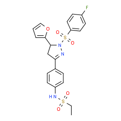 ChemSpider 2D Image | N-(4-{1-[(4-Fluorophenyl)sulfonyl]-5-(2-furyl)-4,5-dihydro-1H-pyrazol-3-yl}phenyl)ethanesulfonamide | C21H20FN3O5S2