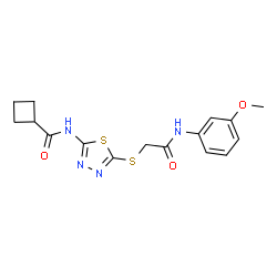 ChemSpider 2D Image | N-[5-({2-[(3-Methoxyphenyl)amino]-2-oxoethyl}sulfanyl)-1,3,4-thiadiazol-2-yl]cyclobutanecarboxamide | C16H18N4O3S2