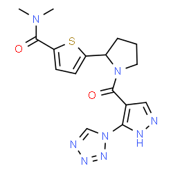 ChemSpider 2D Image | N,N-Dimethyl-5-(1-{[5-(1H-tetrazol-1-yl)-1H-pyrazol-4-yl]carbonyl}-2-pyrrolidinyl)-2-thiophenecarboxamide | C16H18N8O2S