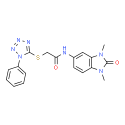 ChemSpider 2D Image | N-(1,3-Dimethyl-2-oxo-2,3-dihydro-1H-benzimidazol-5-yl)-2-[(1-phenyl-1H-tetrazol-5-yl)sulfanyl]acetamide | C18H17N7O2S