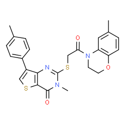 ChemSpider 2D Image | 3-Methyl-2-{[2-(6-methyl-2,3-dihydro-4H-1,4-benzoxazin-4-yl)-2-oxoethyl]sulfanyl}-7-(4-methylphenyl)thieno[3,2-d]pyrimidin-4(3H)-one | C25H23N3O3S2