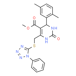 ChemSpider 2D Image | Methyl 4-(2,5-dimethylphenyl)-2-oxo-6-{[(1-phenyl-1H-tetrazol-5-yl)sulfanyl]methyl}-1,2,3,4-tetrahydro-5-pyrimidinecarboxylate | C22H22N6O3S