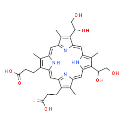 ChemSpider 2D Image | 3,3'-[7,12-Bis(1,2-dihydroxyethyl)-3,8,13,17-tetramethyl-2,18-porphyrindiyl]dipropanoic acid | C34H38N4O8