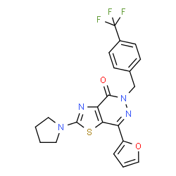 ChemSpider 2D Image | 7-(2-Furyl)-2-(1-pyrrolidinyl)-5-[4-(trifluoromethyl)benzyl][1,3]thiazolo[4,5-d]pyridazin-4(5H)-one | C21H17F3N4O2S