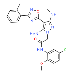 ChemSpider 2D Image | 2-{5-Amino-3-(methylamino)-4-[3-(2-methylphenyl)-1,2,4-oxadiazol-5-yl]-1H-pyrazol-1-yl}-N-(5-chloro-2-methoxyphenyl)acetamide | C22H22ClN7O3