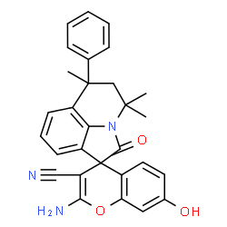 ChemSpider 2D Image | 2-Amino-7-hydroxy-4',4',6'-trimethyl-2'-oxo-6'-phenyl-5',6'-dihydro-4'H-spiro[chromene-4,1'-pyrrolo[3,2,1-ij]quinoline]-3-carbonitrile | C29H25N3O3