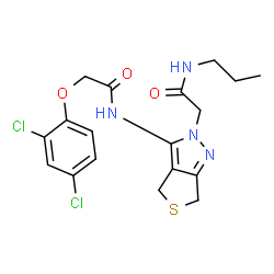 ChemSpider 2D Image | 2-(2,4-Dichlorophenoxy)-N-{2-[2-oxo-2-(propylamino)ethyl]-2,6-dihydro-4H-thieno[3,4-c]pyrazol-3-yl}acetamide | C18H20Cl2N4O3S