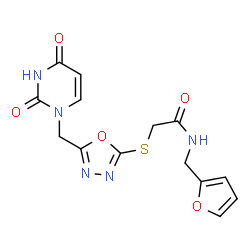 ChemSpider 2D Image | 2-({5-[(2,4-Dioxo-3,4-dihydro-1(2H)-pyrimidinyl)methyl]-1,3,4-oxadiazol-2-yl}sulfanyl)-N-(2-furylmethyl)acetamide | C14H13N5O5S