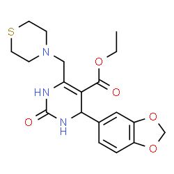 ChemSpider 2D Image | Ethyl 4-(1,3-benzodioxol-5-yl)-2-oxo-6-(4-thiomorpholinylmethyl)-1,2,3,4-tetrahydro-5-pyrimidinecarboxylate | C19H23N3O5S