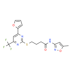 ChemSpider 2D Image | 4-{[4-(2-Furyl)-6-(trifluoromethyl)-2-pyrimidinyl]sulfanyl}-N-(5-methyl-1,2-oxazol-3-yl)butanamide | C17H15F3N4O3S