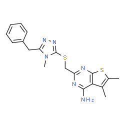 ChemSpider 2D Image | 2-{[(5-Benzyl-4-methyl-4H-1,2,4-triazol-3-yl)sulfanyl]methyl}-5,6-dimethylthieno[2,3-d]pyrimidin-4-amine | C19H20N6S2