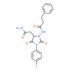 ChemSpider 2D Image | N-[5-(2-Amino-2-oxoethyl)-3-(4-fluorophenyl)-2,4-dioxo-1-imidazolidinyl]-3-phenylpropanamide | C20H19FN4O4