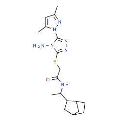 ChemSpider 2D Image | 2-{[4-Amino-5-(3,5-dimethyl-1H-pyrazol-1-yl)-4H-1,2,4-triazol-3-yl]sulfanyl}-N-[1-(bicyclo[2.2.1]hept-2-yl)ethyl]acetamide | C18H27N7OS