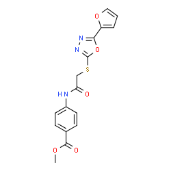 ChemSpider 2D Image | Methyl 4-[({[5-(2-furyl)-1,3,4-oxadiazol-2-yl]sulfanyl}acetyl)amino]benzoate | C16H13N3O5S