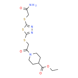 ChemSpider 2D Image | Ethyl 1-[({5-[(2-amino-2-oxoethyl)sulfanyl]-1,3,4-thiadiazol-2-yl}sulfanyl)acetyl]-4-piperidinecarboxylate | C14H20N4O4S3